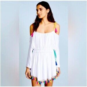Nanette Lepore Swim Womens Boho Cover‎ up Dress White Size Xs Embroidered Tassel